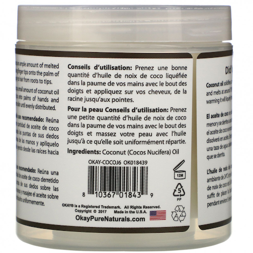 Okay Pure Naturals, 100% чистое кокосовое масло, глубокое увлажнение, 6 унций (177 мл) #1