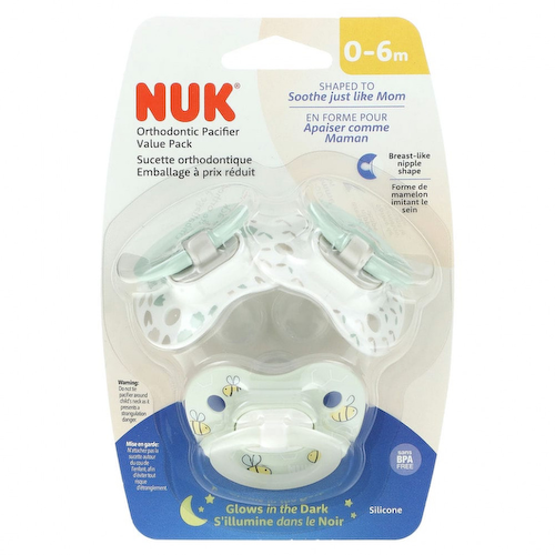 NUK, Ортодонтическая пустышка Glow in the Dark, для 0–6 месяцев, зеленая, 3 шт. В упаковке #1