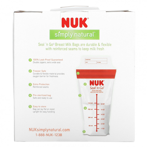 NUK, Seal 'n Go, пакетики для грудного молока, 100 стерильных пакетиков для хранения, 180 мл ( 6 унций) #1