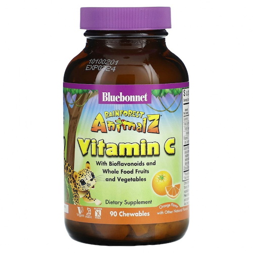 Bluebonnet Nutrition, Super Earth, Rainforest Animalz, витамин С, натуральный апельсиновый вкус, 90 жевательных таблеток в форме животных #1