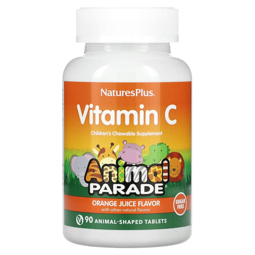 NaturesPlus, Source of Life, Animal Parade, витамин C, жевательная добавка без сахара для детей, вкус натурального апельсинового сока, 90 таблеток в форме животных #1