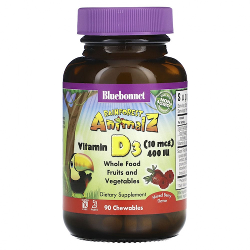 Bluebonnet Nutrition, Rainforest Animalz, витамин D3 с натуральным ягодным вкусом, 400 МЕ, 90 жевательных таблеток #1