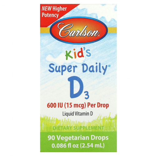 Carlson, Kid's Super Daily D3, 15 мкг (600 МЕ), 90 вегетарианских капель, 2,54 мл (0,086 жидк. Унции) #1