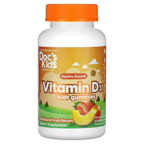 Doctor's Best, Doc's Kids, жевательные таблетки с витамином D3, полностью натуральные фрукты, 25 мкг (1000 МЕ), 60 жевательных таблеток с натуральным фруктовым пектином #1