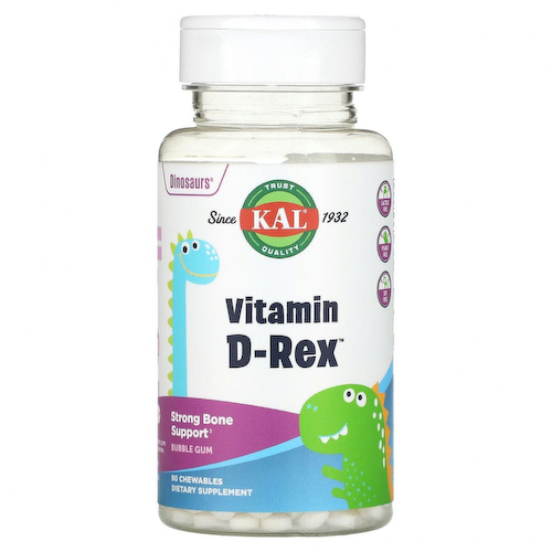KAL, Dinosaurs, Vitamin D-Rex, витамин D3, со вкусом жевательной резинки, 90 жевательных таблеток #1