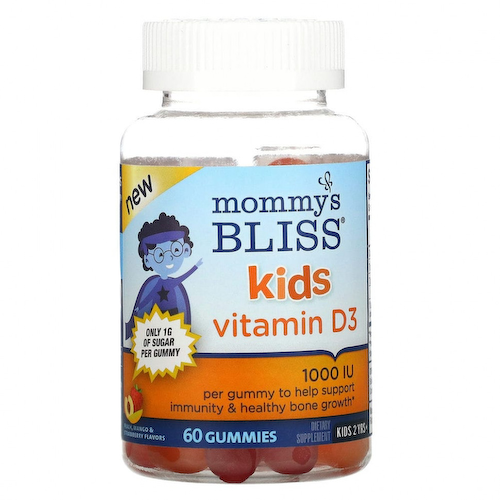 Mommy's Bliss, витамин D3 для детей, со вкусом персика, манго и клубники, 1000 МЕ, 60 жевательных таблеток #1