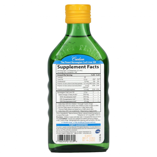 Carlson Labs, Жир печени норвежской трески, для детей, натуральный лимонный вкус, 250 мл (8,4 жидкой унции) #1