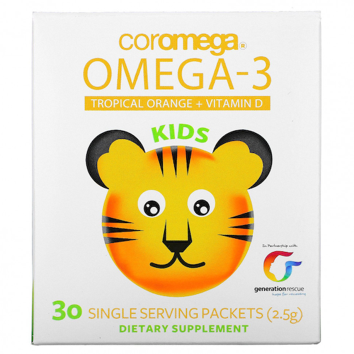 Coromega, Kids, омега-3, тропический апельсин + витамин D, 30 порционных пакетиков (по 2,5 г) #1