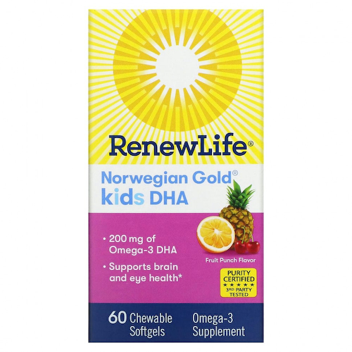 Renew Life, Norwegian Gold, ДГК для детей, со вкусом фруктового пунша, 200 мг, 60 жевательных таблеток #1
