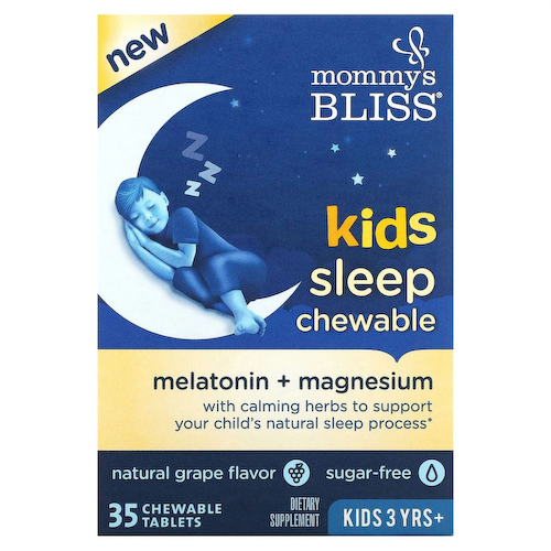 Mommy's Bliss, детские жевательные таблетки для сна, мелатонин + магний, для детей от 3 лет, натуральный виноград, 35 жевательных таблеток #1