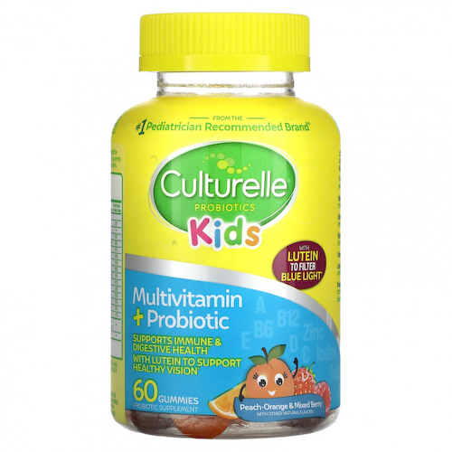 Culturelle, Детские пробиотики, мультивитамины и пробиотики, персик-апельсин и ягодное ассорти, 60 жевательных таблеток #1