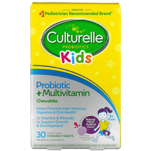 Culturelle, Для детей, жевательные таблетки с пробиотиками и мультивитаминами, для детей от 3 лет, натуральный фруктовый пунш, 30 жевательных таблеток #1