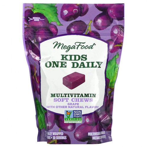 MegaFood, One Daily, для детей, жевательная мультивитаминная добавка, со вкусом винограда, 30 жевательных пастилок в индивидуальной упаковке #1