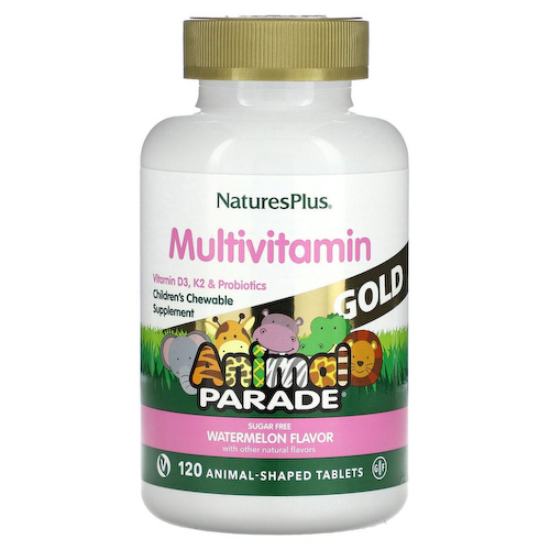 NaturesPlus, Source of Life Animal Parade Gold, жевательная мультивитаминная добавка с микроэлементами для детей, со вкусом арбуза, 120 таблеток в форме животных #1