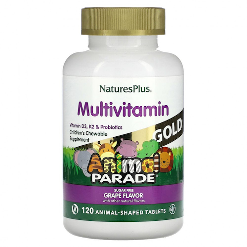 NaturesPlus, Source of Life, Animal Parade Gold, жевательная добавка для детей с мультивитаминами и минералами, натуральный ароматизатор со вкусом винограда, 120 таблеток в форме животных #1