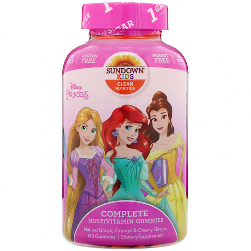 Sundown Naturals Kids, полноценный комплекс витаминов в жевательных таблетках, «Диснеевская принцесса», натуральные виноград, апельсин и вишня, 180 жевательных таблеток #1