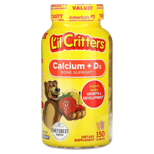 L'il Critters, кальций + D3, поддержка костей, со вкусом черной вишни, апельсина и клубники, 150 мармеладных мишек #1