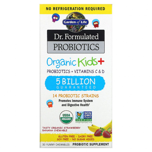 Garden of Life, Dr Formulated Probiotics, Organic Kids+, органические пробиотики для детей, со вкусом органической клубники и банана, 30 вкусных жевательных таблеток #1