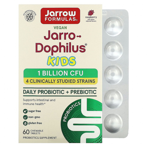 Jarrow Formulas, Jarro-Dophilus Kids, пробиотик + пребиотик, без сахара, натуральный малиновый вкус, 1 миллиард живых бактерий, 60 жевательных таблеток #1
