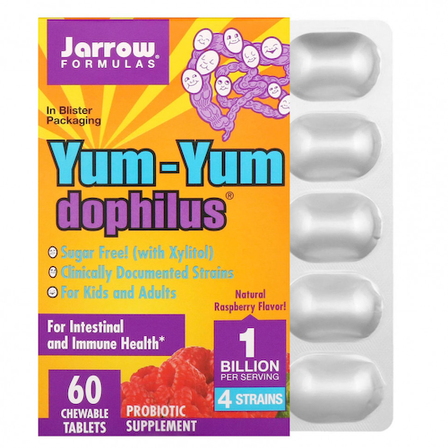 Jarrow Formulas, Yum-Yum Dophilus без сахара !, натуральный малиновый вкус, 60 жевательных таблеток #1