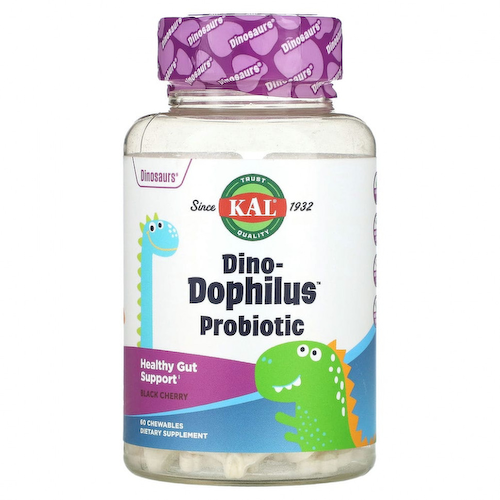 KAL, Dinosaurs, Dino-Dophilus, пробиотики со вкусом черешни, 60 жевательных таблеток #1