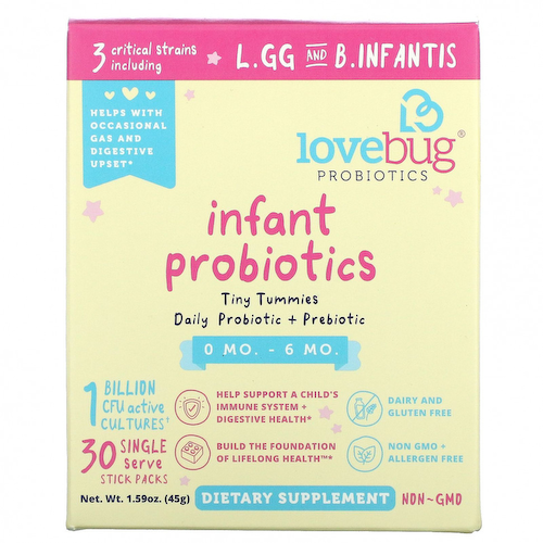 LoveBug Probiotics, пробиотики для младенцев в возрасте 0–6 месяцев, 1 млрд КОЕ, 30 пакетиков в индивидуальной упаковке, по 1,5 г (0,05 унции) #1