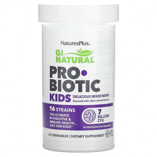 NaturesPlus, GI Natural Probiotic Kids, детские пробиотики, ягодный вкус, 7 миллиардов КОЕ, 30 жевательных таблеток #1