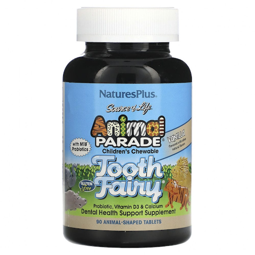 NaturesPlus, Source of Life, Animal Parade, детский жевательный пробиотик от зубной феи с пробиотиками M18, натуральный вкус ванили, 90 таблеток в форме животных #1