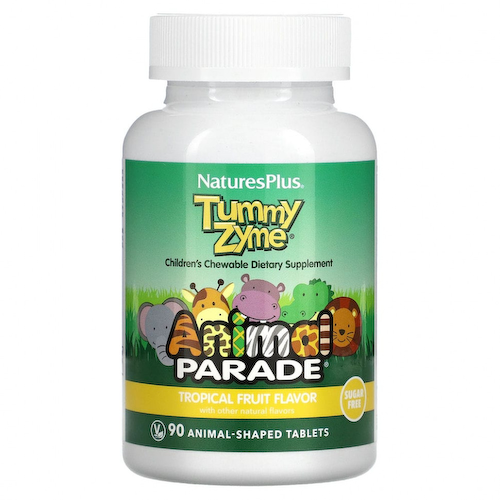 NaturesPlus, Source of Life, Animal Parade, Tummy Zyme с активными ферментами, цельными продуктами и пробиотиками, натуральный вкус тропических фруктов, 90 таблеток в форме животных #1