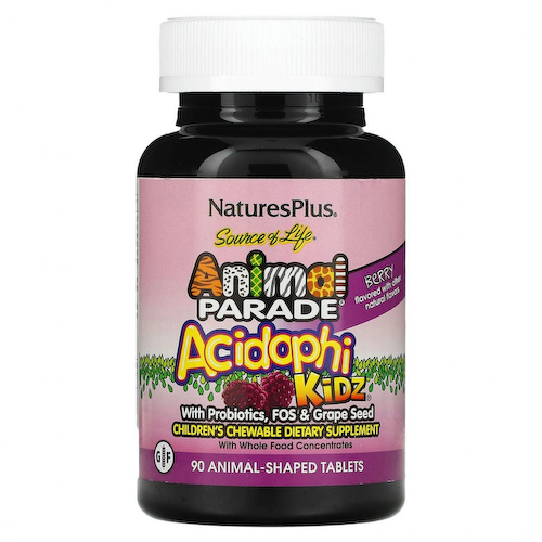 NaturesPlus, Source of Life, Animal Parade, AcidophiKidz, детские жевательные таблетки, натуральный вишневый вкус, 90 таблеток в форме животных #1