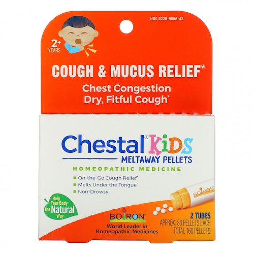 Boiron, Chestal Kids Meltaway Pellets, средство от кашля и слизи, от 2 лет, 2 пробирки, прибл. 80 пеллет каждая #1