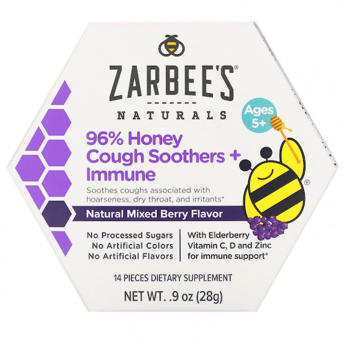 Zarbee's, 96% медовое успокаивающее средство от кашля + поддержка иммунитета, натуральный ягодный вкус, для детей от 5 лет, 14 шт. #1