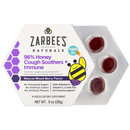 Zarbee's, 96% медовое успокаивающее средство от кашля + поддержка иммунитета, натуральный ягодный вкус, для детей от 5 лет, 14 шт. #1
