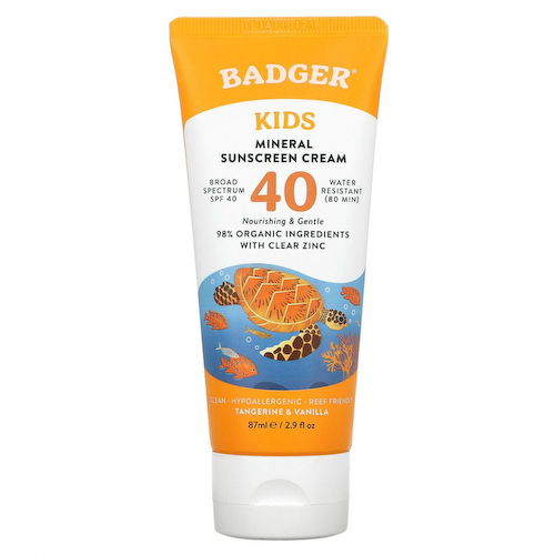 Badger Company, Clear Sport, для детей, натуральный минеральный солнцезащитный крем, солнцезащитный фактор SPF 40, мандарин и ваниль, 87 мл (2,9 жидк. унции) #1