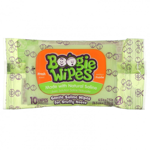 Boogie Wipes, Салфетки с мягким солевым покрытием от заложенности носа, свежий запах, 10 салфеток #1