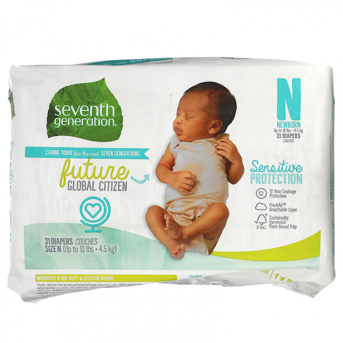 Seventh Generation, Подгузники для чувствительной защиты, размер N, до 10 фунтов, 31 подгузник #1