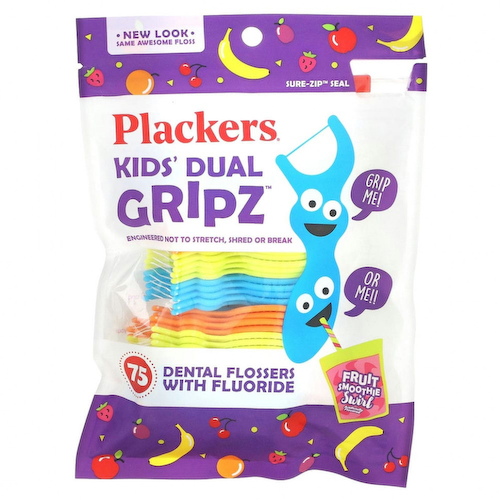Plackers, Kid's Dual Gripz, детские зубочистки с нитью, с фтором, фруктовый смузи, 75 шт. #1