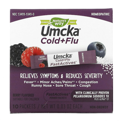 Nature's Way, Umcka, Fast Actives, для лечения простуды и гриппа, не вызывает сонливость, с ягодным вкусом, 10 пакетов с порошком #1