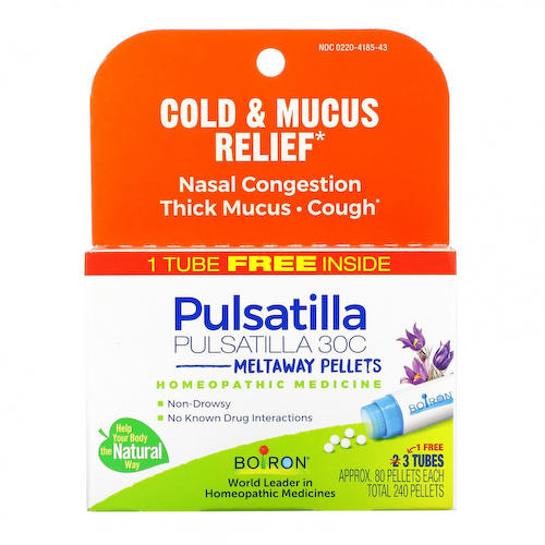 Boiron, Pulsatilla, от простуды и снятия слизи, гранулы Meltaway, 30C, 3 тюбика, 80 гранул в каждой #1