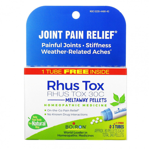 Boiron, Rhus Tox, обезболивающее, гранулы Meltaway, 30C, 3 тюбика, 80 гранул в каждой #1