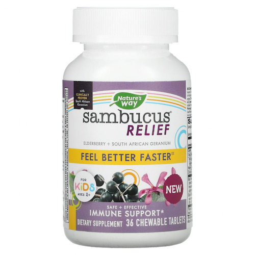 Nature's Way, Sambucus Relief, поддержка иммунитета, для детей, от 2 лет, со вкусом ягод, 36 жевательных таблеток #1