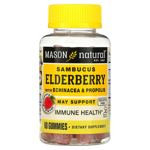 Mason Natural, бузина Sambucus с эхинацеей и прополисом, со вкусом малины, 60 жевательных мармеладок #1