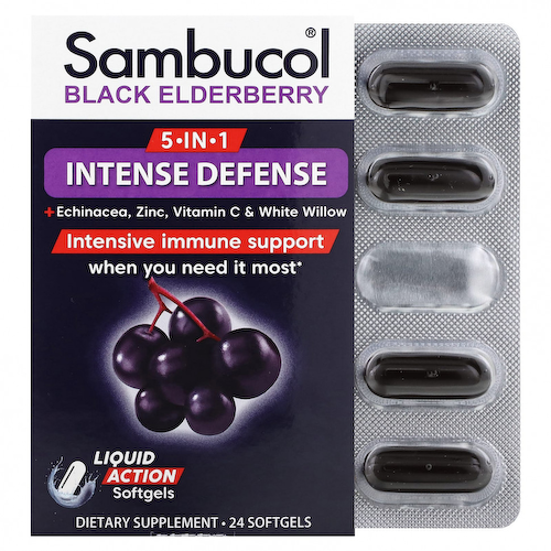 Sambucol, 5-в-1 Intense Defense + эхинацея, цинк, витамин C и белая ива, черная бузина, 24 мягкие таблетки #1