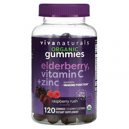 Viva Naturals, Органическая бузина, витамин C + цинк, малина, 120 жевательных таблеток #1