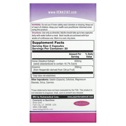 BodyGold, Venastat, для здоровья вен ног, 60 капсул #1
