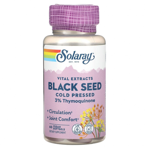 Solaray, Vital Extracts, черное семя, холодный отжим, 60 веганских мягких таблеток #1