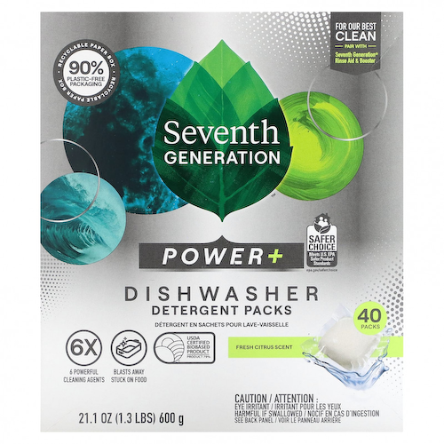 Seventh Generation, Пакеты с моющим средством Power + для посудомоечной машины, Fresh Citrus, 40 упаковок, 600 г (21,1 унции) #1