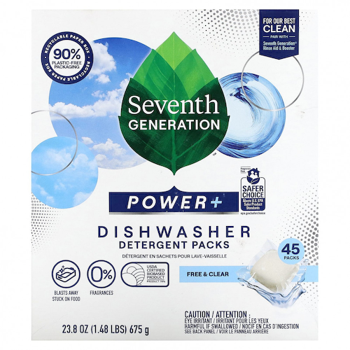 Seventh Generation, Пакеты с моющим средством Power + для посудомоечной машины, бесплатно и прозрачно, 45 упаковок, 675 г (23,8 унции) #1