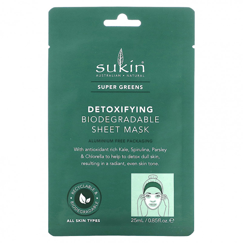 Sukin, Super Greens, детоксифицирующая биоразлагаемая тканевая маска, 1 шт., 25 мл (0,85 жидк. Унции) #1