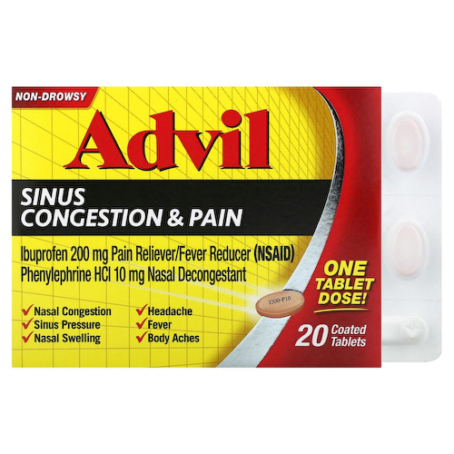 Advil, Заложенность носовых пазух и боль, без сонливости, 20 таблеток, покрытых оболочкой #1